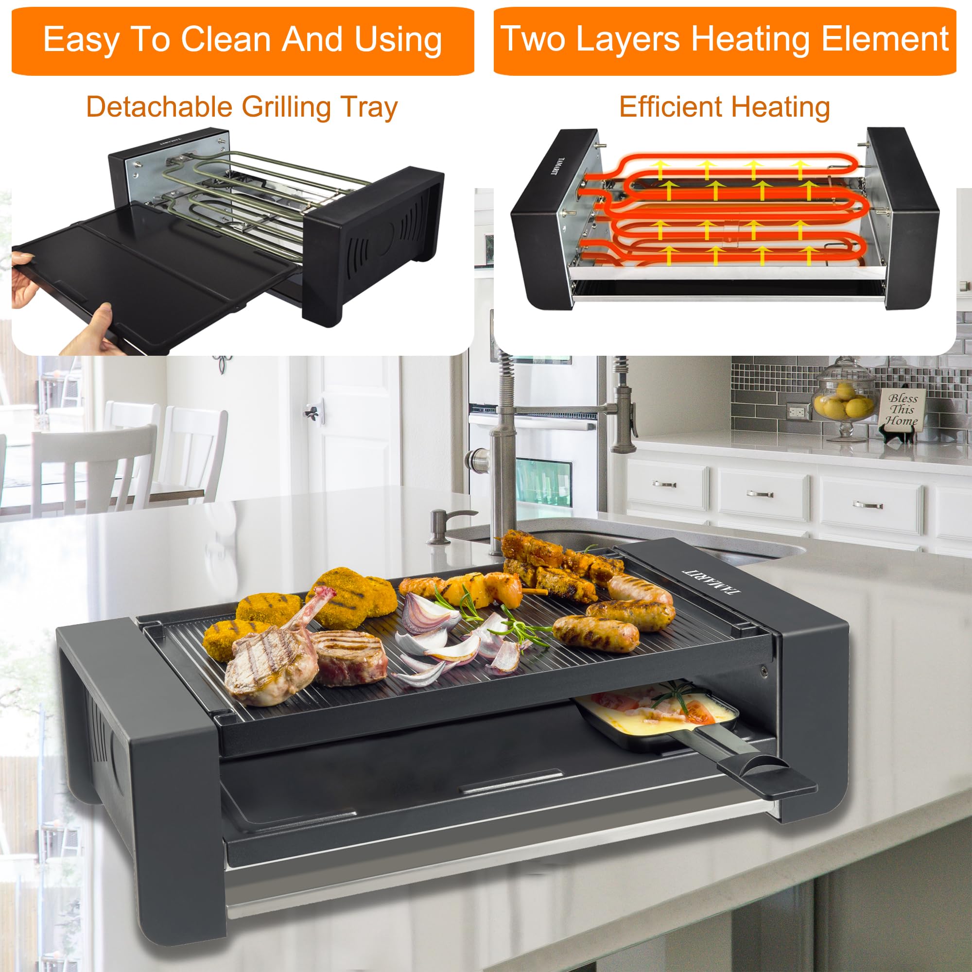 TAMARIT Raclette Party Grill Portable Indoor Electric Korean BBQ Grill 2 in 1 Raclette Table Griddle with Nonstick Coating Plate 4 Pizza Pans 8 Cheese Trays Upper and Lower Heater, PFAS-No