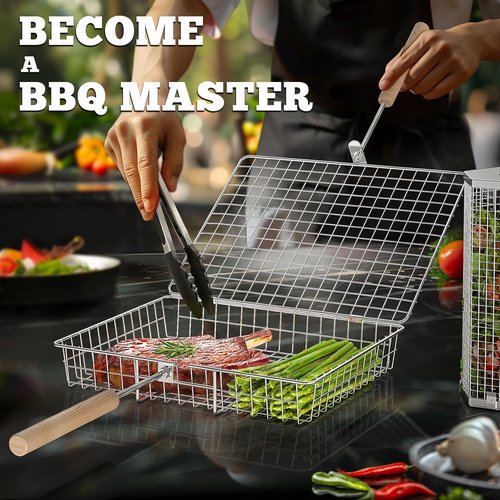 Ivtivfu Grill Basket Set - 304 Stainless Steel BBQ Tools with Removable Wooden Handle | Perfect for Vegetables & Fish