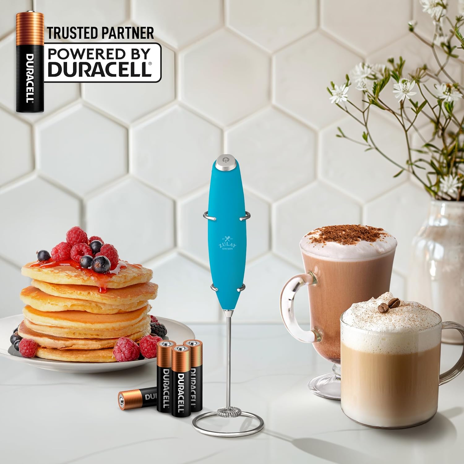 Zulay Kitchen Milk Frother Wand - Ultra-Fast Handheld Electric Whisk for Coffee & Lattes - Blue Teal