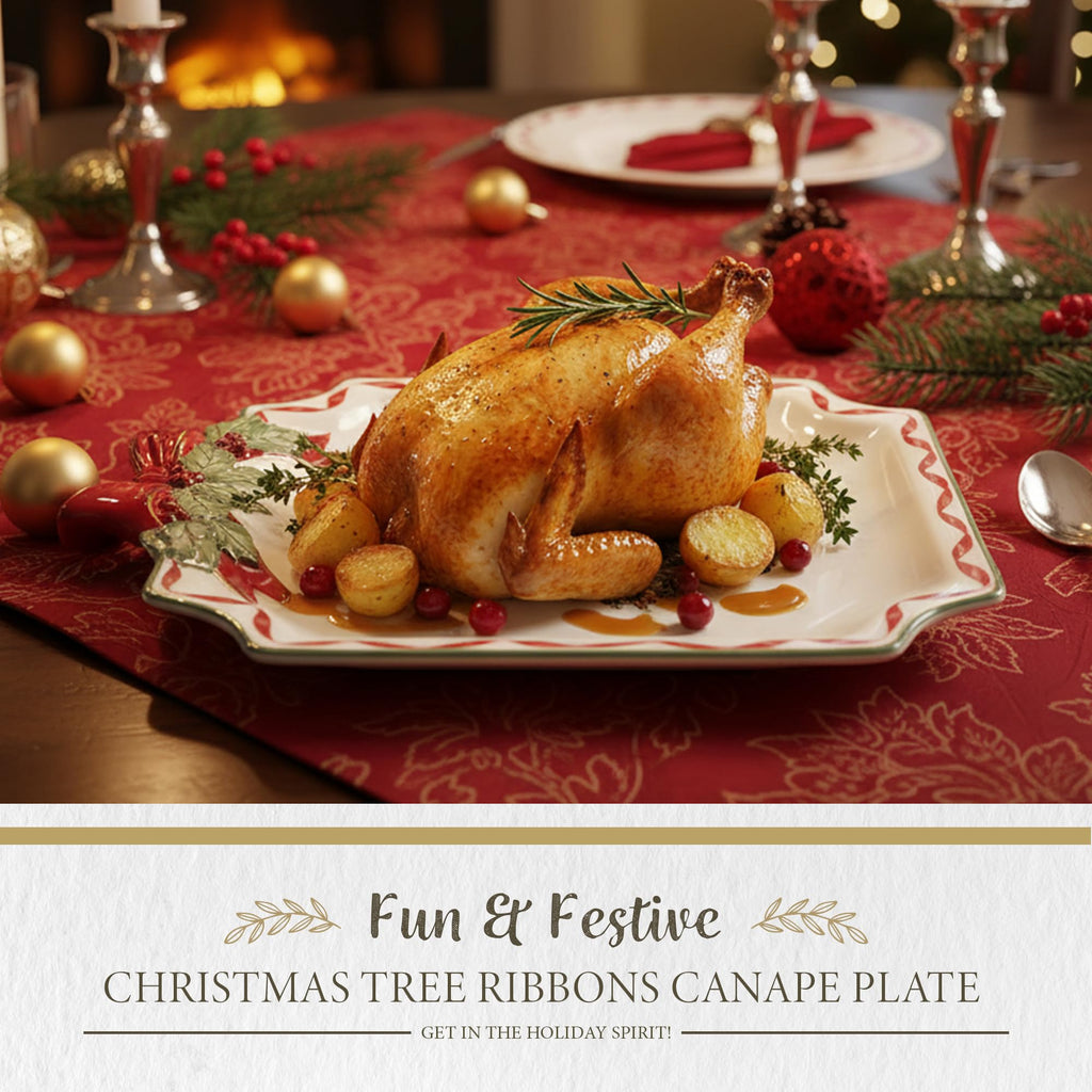 Spode Christmas Tree Ribbons Square Platter with Bow Handles - 11-Inch Holiday Serving Plate for Desserts, Appetizers, & Treats - Festive Christmas Dinnerware with Gold Accents - Dishwasher Safe