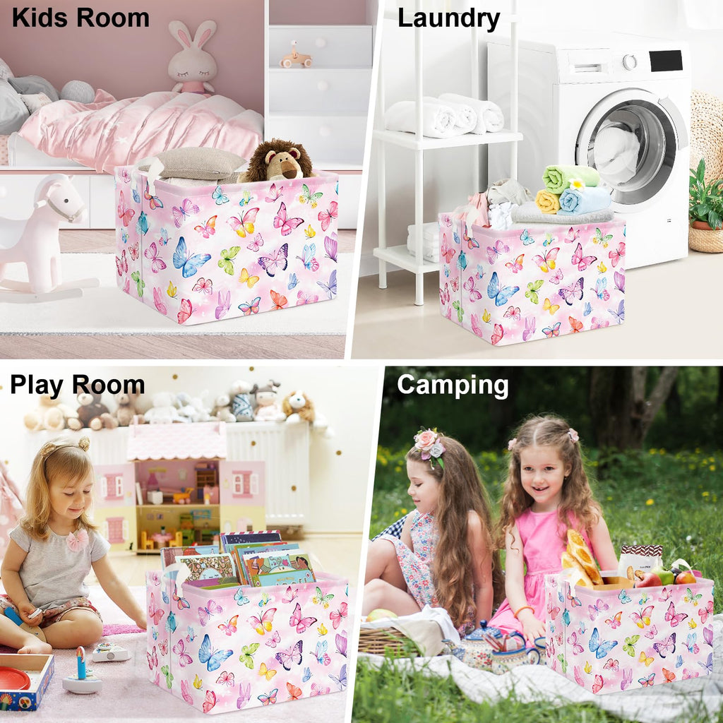 Clastyle 36L Pink Dreamy Butterfly Kid Storage Basket Collapsible Rectangle Clothes Toy Nursery Bin Book Shelf Basket