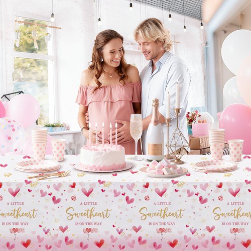 MEHOFOND 3pcs Valentine's Day Baby Shower Tablecloth for Girl, Disposable Plastic A Little Sweetheart is On The Way Pink Heart Table Cloth Rectangle 54x108 inch, Table Cover for Baby Shower Decor