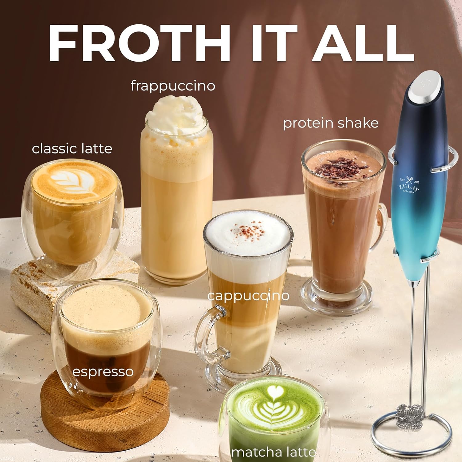 Zulay Kitchen Tornado Triple Whisk Milk Frother - Handheld Foam Maker for Coffee & Lattes - Sea Depth