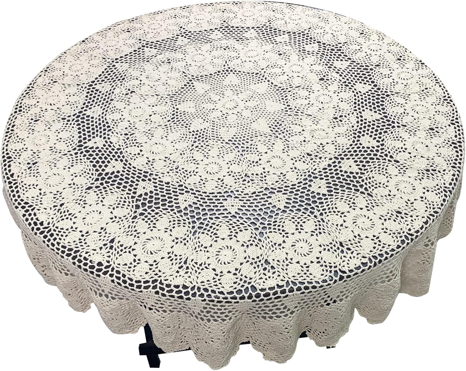 USTIDE Large Crochet Round Tablecloth Beige 90" Cotton Rustic Farmhouse Wedding Table Cloth Table Cover with Floral Lace Design, Handmade Decorative Overlay for Dining Room Kitchen