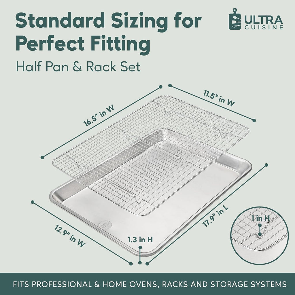 Ultra Cuisine Baking Sheet Set - Half Sheet Aluminum Pan with Stainless Steel Cooling Rack, 13 x 18 Inch, Easy Clean, Commercial Quality