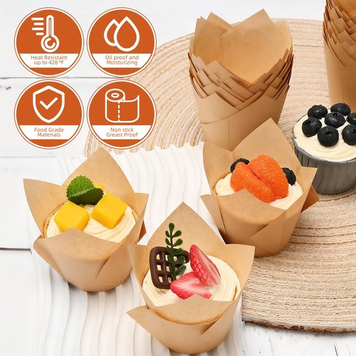 200pcs Natural Tulip Cupcake Liners, Premium Muffin Liners Holders for Baking Cups, Greaseproof Cupcake Wrappers in Standard Size, Classic Parchment Paper Cupcakes Liner by JIRNGLA
