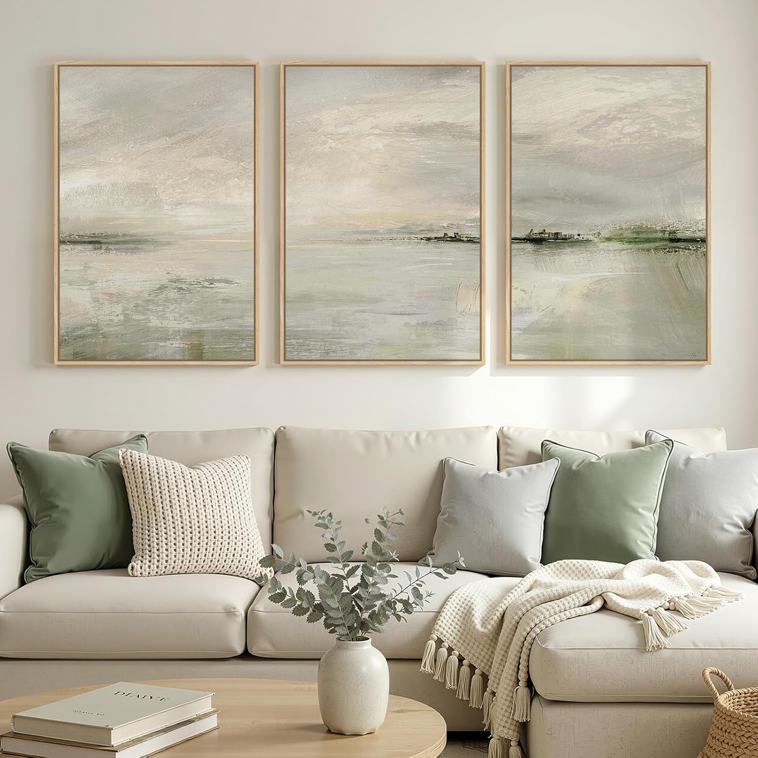 Skiennix Large Framed Sage Green Abstract Landscape Wall Art - 3 Piece Modern Canvas Prints | 24x36 In for Living Room & Office Decor