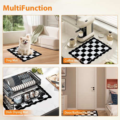 CQKEDMA Scalloped Checkered Dish Drying Mats for Kitchen Counter, Cute Coffee Mat, Absorbent, Non-Slip Rubber, Kitchen Decor (12"x19", Black)