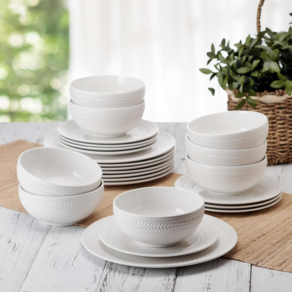 Pfaltzgraff Josephine 24-Piece Dinnerware Set - Elegant Porcelain Dish Set for 8 | Embossed Basket Weave Design, White