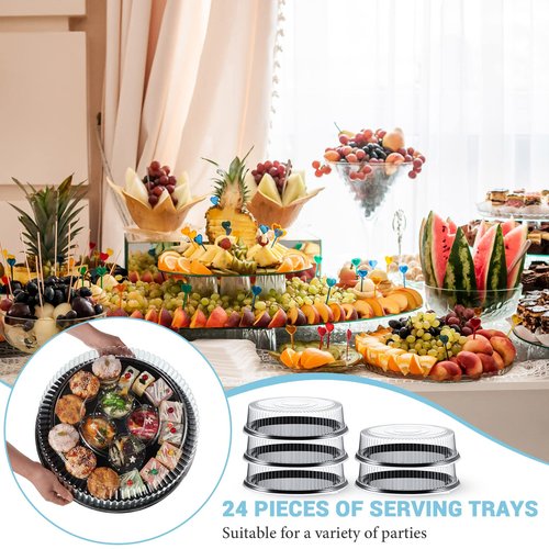 Romooa 24 Pack Round Serving Trays with Lid 16 Inch Trays for Serving Food,Large Catering Tray Black Plastic Party Platters with Clear Lids for Party Appetizers Veggie Sandwich Takeout Picnic