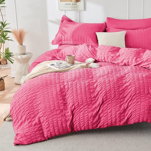 HYMOKEGE Queen Comforter Set - Luxury 7-Piece Hot Pink Seersucker Bedding | All-Season Bed in a Bag