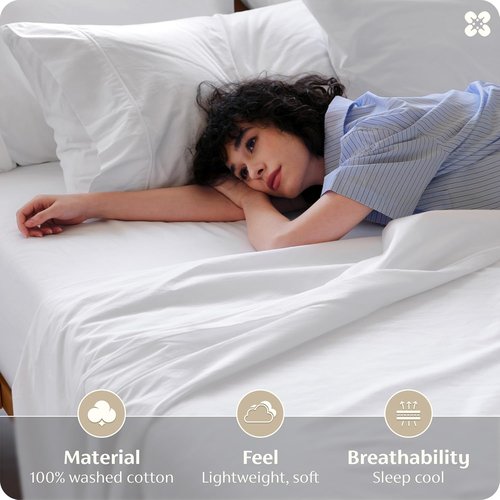 Bedsure 100% Washed Cotton Percale Sheets - Soft & Breathable 6-Piece Queen Set with 18" Deep Pocket (White)