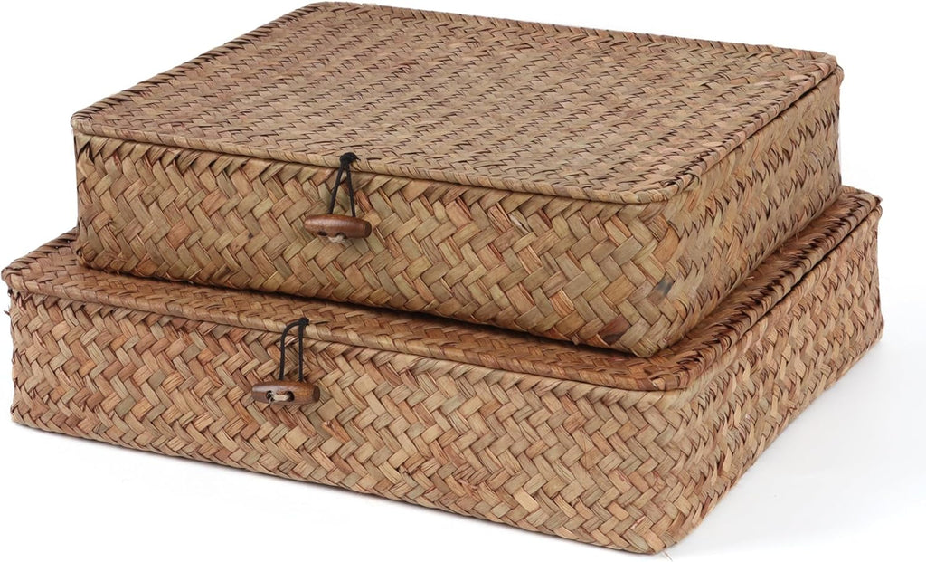 Moosky Wicker Shelf Baskets - Handwoven Seagrass Storage Bins with Lids | Coffee Set of 2