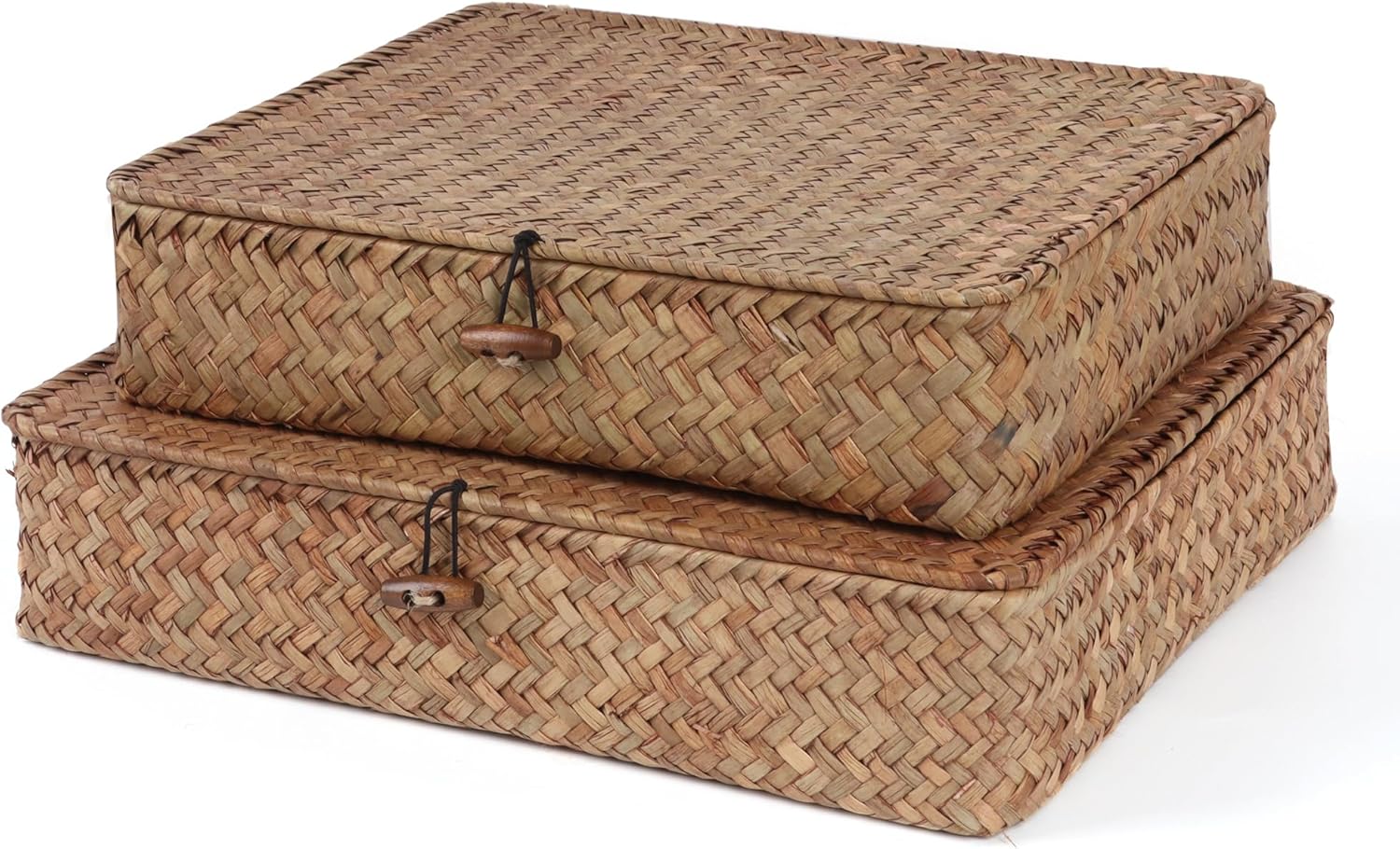 Moosky Wicker Shelf Baskets - Handwoven Seagrass Storage Bins with Lids | Coffee Set of 2