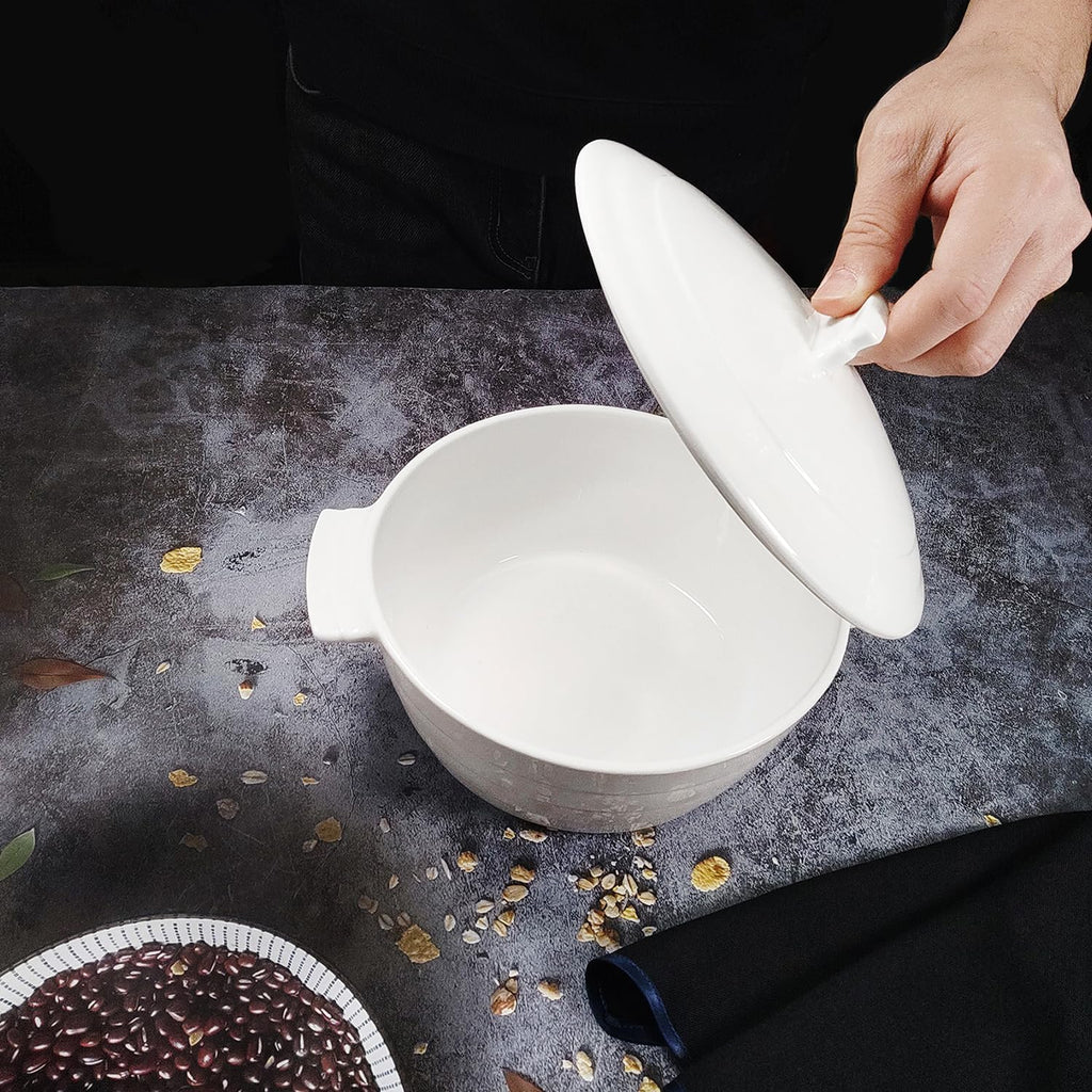 Regine Switzerland Casserole Dish - 1.32 Quart French White Ceramic Bakeware Set with Lids | Chip & Crack Resistant, Microwave & Oven Safe