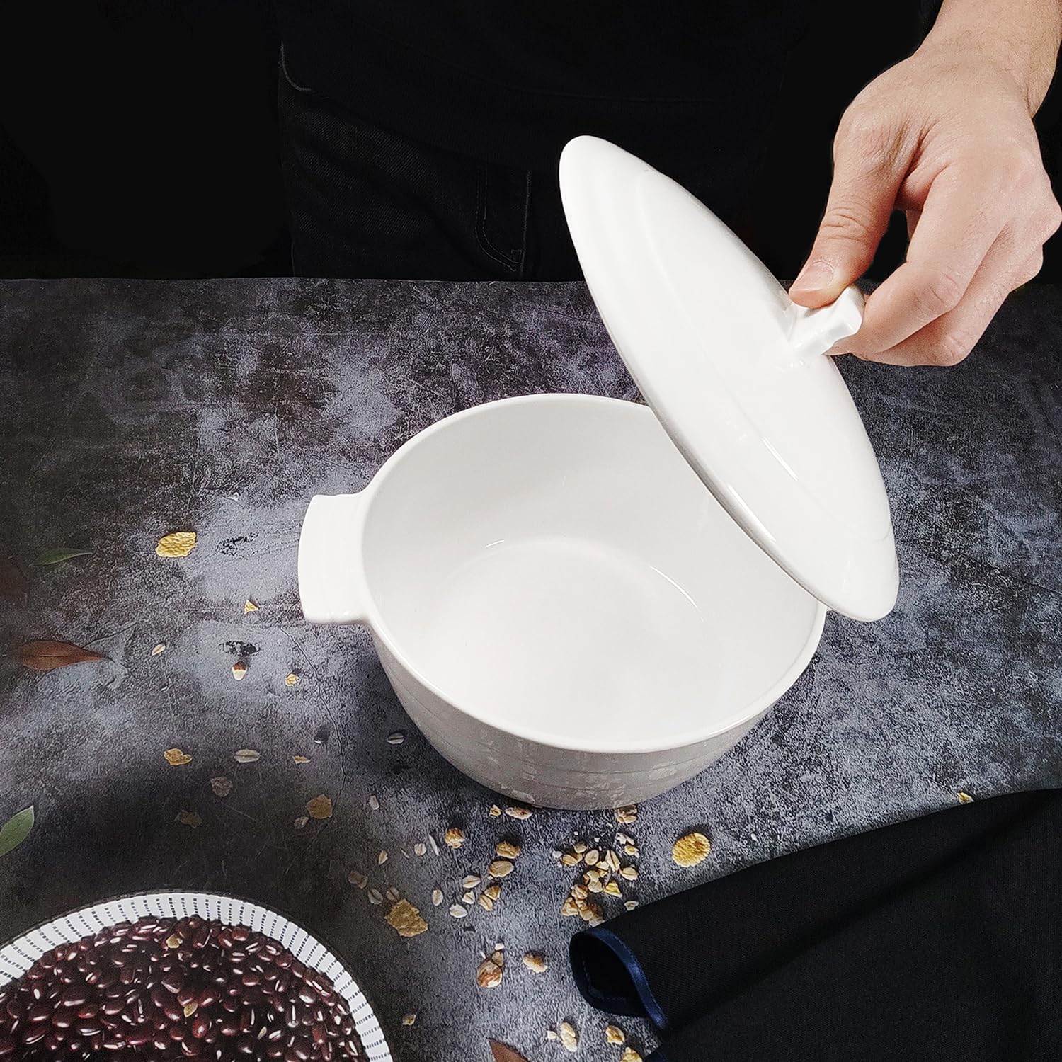 Regine Switzerland Casserole Dish - 1.32 Quart French White Ceramic Bakeware Set with Lids | Chip & Crack Resistant, Microwave & Oven Safe