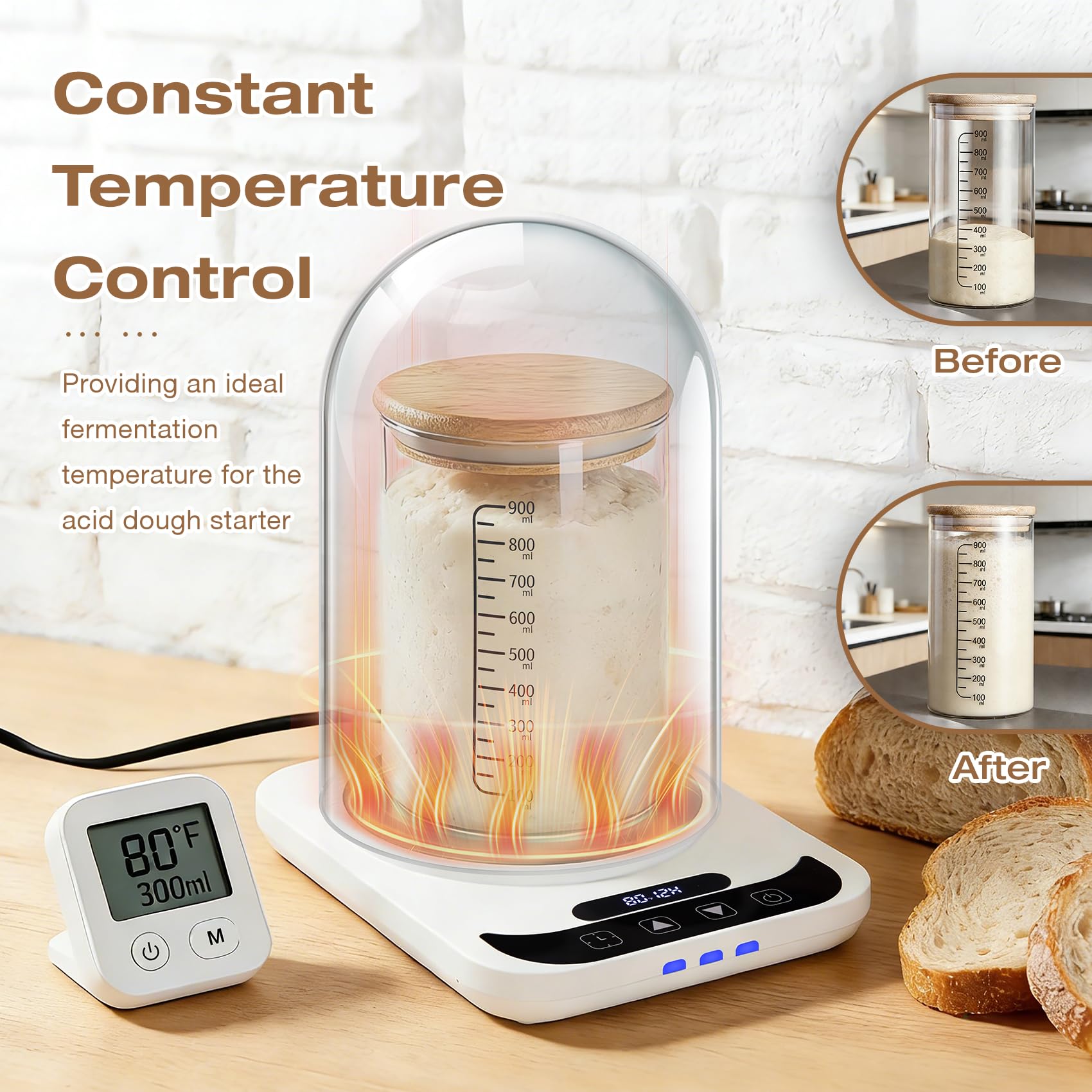 Sourdough Starter Warmer with Dome, Bread Starter Warmer with Precise 1°F Sourdough Temperature Control (70-100°F), Sourdough Warming Mat for Home Baking, 12-Hour Timer Sourdough Starter Warmer Mat