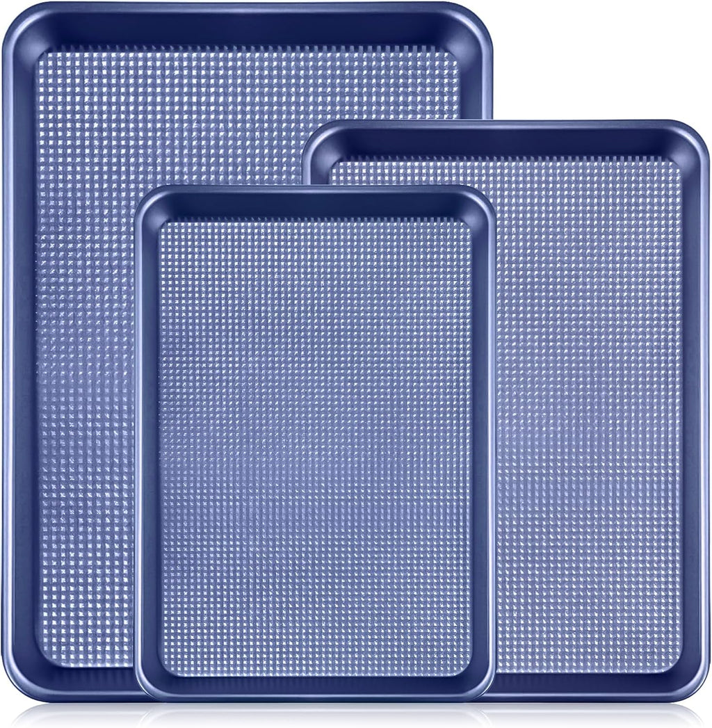 Vinino Baking Sheet Set - Non-Stick Carbon Steel Cookie Sheets with Square Texture | 3-Piece Blue Set