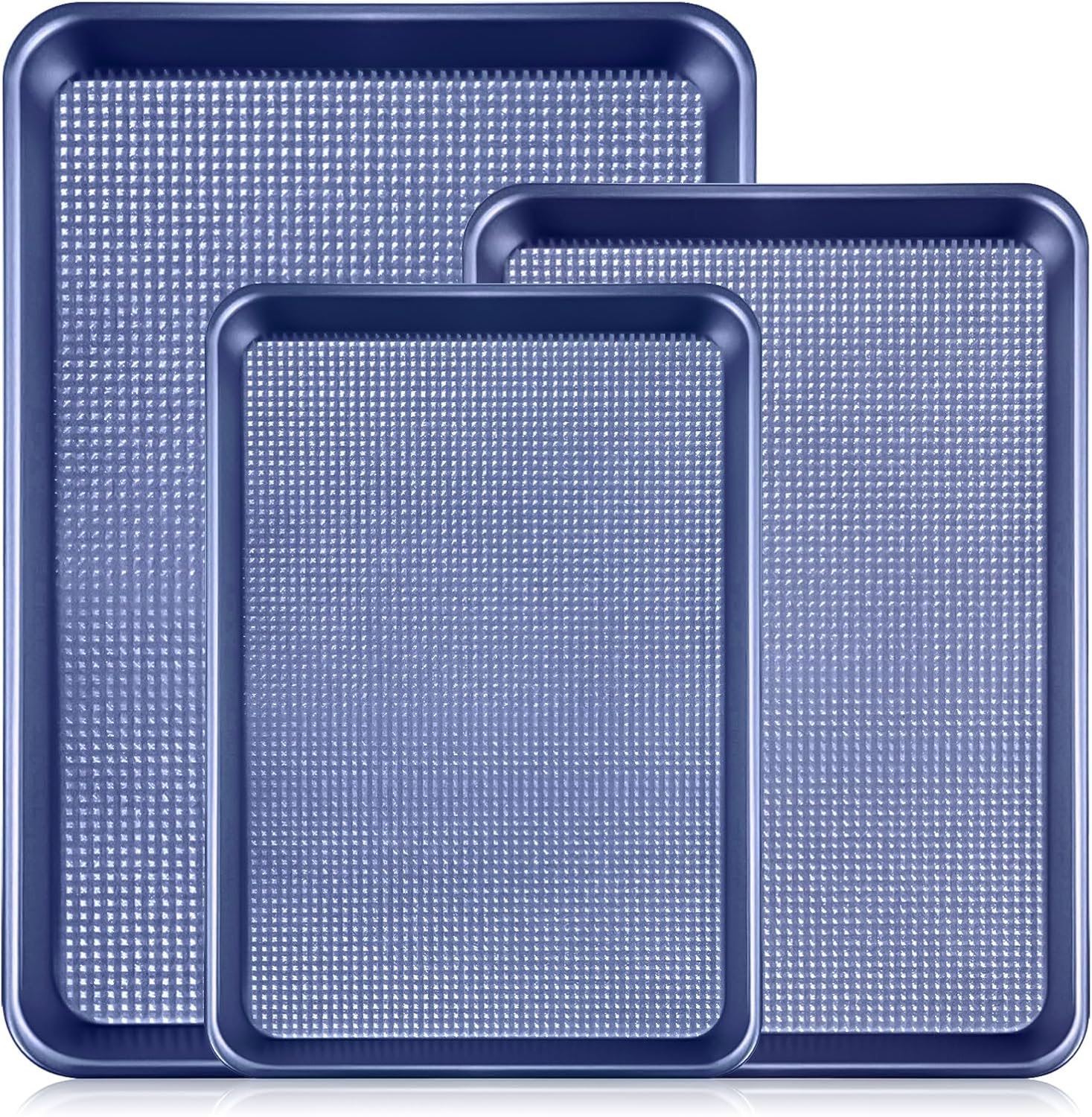 Vinino Baking Sheet Set - Non-Stick Carbon Steel Cookie Sheets with Square Texture | 3-Piece Blue Set