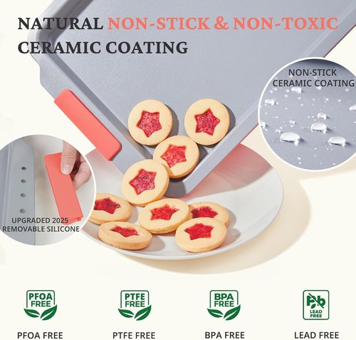 BRONYPRO Non-Stick Ceramic Baking Sheet Set - Heavy-Duty PFOA & PTFE Free Cookie Trays | 3-Piece Coral