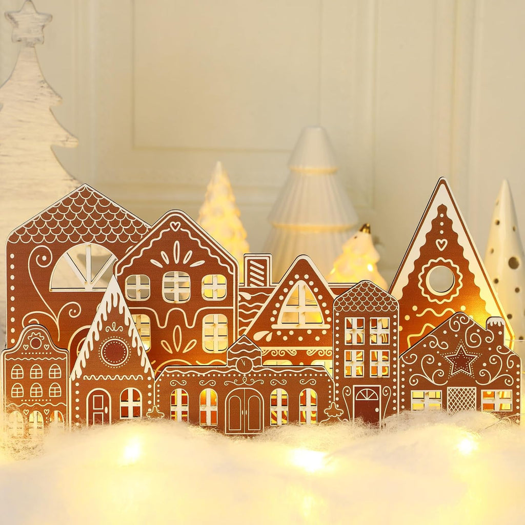 Rossesay Gingerbread House Tabletop Decorations - Light-Up Wooden Christmas Village Centerpiece | Rustic Farmhouse Decor