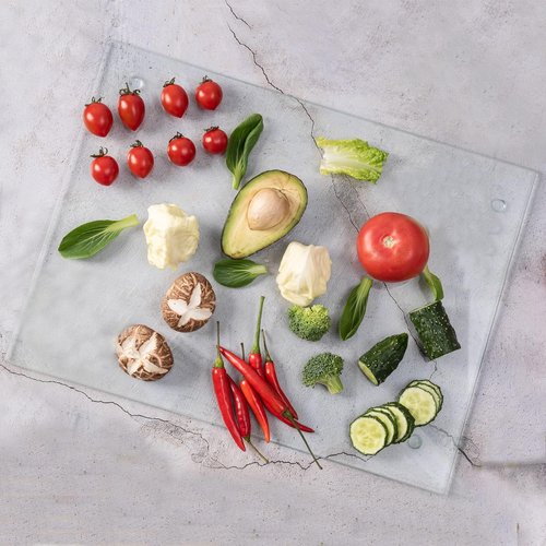 VASUHOME Tempered Glass Cutting Board for Kitchen (10x14"), Long Lasting Clear Glass Cutting Board for Countertop - Scratch, Heat, and Shatter Resistant - Easy to Clean
