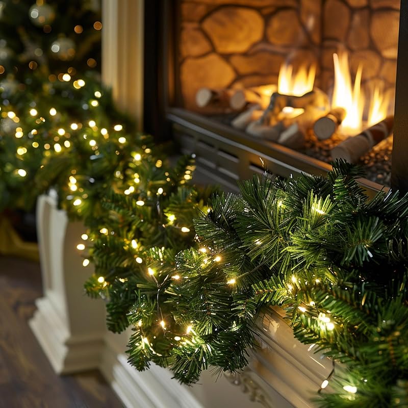 Warm White 30ft Pre-Lit Christmas Garland with 100 LEDs, 8 Modes, Indoor/Outdoor