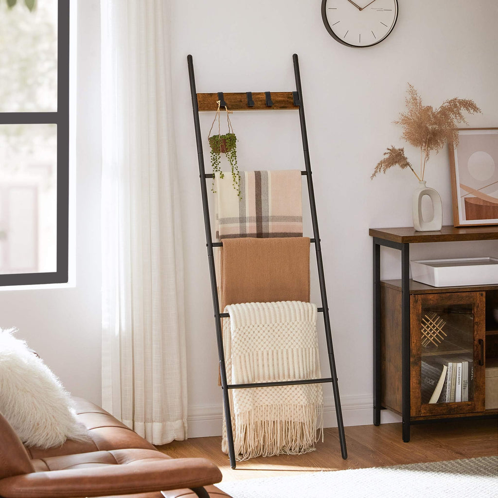 VASAGLE Blanket Ladder, 5-Tier Ladder Shelf, Decorative Ladder with 4 Removable Hooks, Metal Frame, Industrial Style, Rustic Brown and Black ULLS016B01