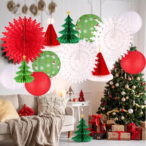 UNIQOOO 14PCS Assorted 3D Christmas Honeycomb Paper Lantern Decoration Garland Set,Celling Hanging Tissue Pine Tree Star, Santa Hat,Snowflake Fan,Japanese Lanterns for Holiday XMAS Party Banner Supply
