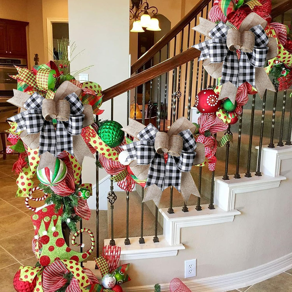 SIMISI Ribbon Buffalo Plaid Bow - Black & White Burlap Wreath Decor (9.5 x 13 Inch)