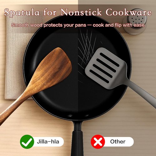 Jilla-hla Wooden Spatula Nonstick Turner Acacia Wood, Left Long Handle Flat Frying Spatulas Handmade for Kitchen Gifts, Ideal Cookware Utensils for Cooking Eggs, Fish, Pancakes