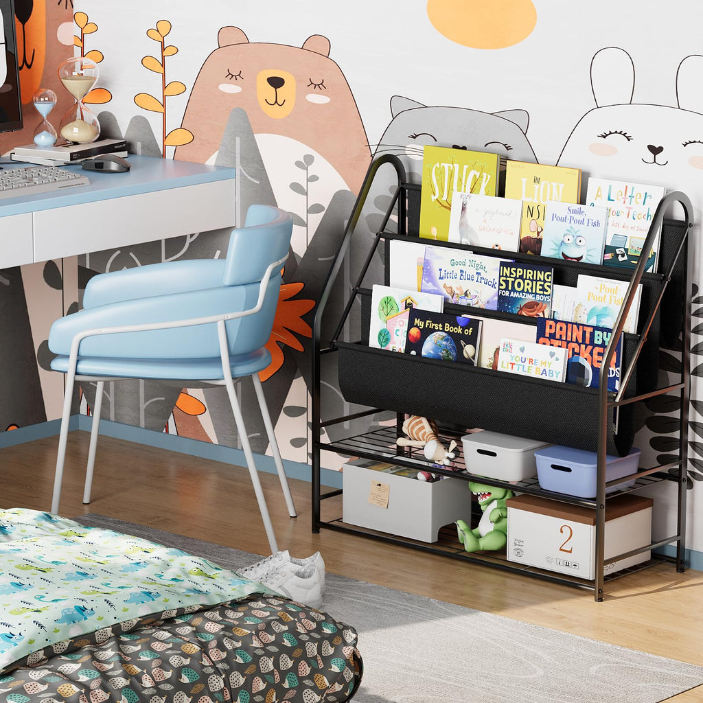 aboxoo Kids Bookshelf Freestanding Bookcase for Living Room, 32 in Book Shelves with 4 Deep Pockets Book Organizer Large Stable Book Unit Storage for Bookstore Library Living Room,Black