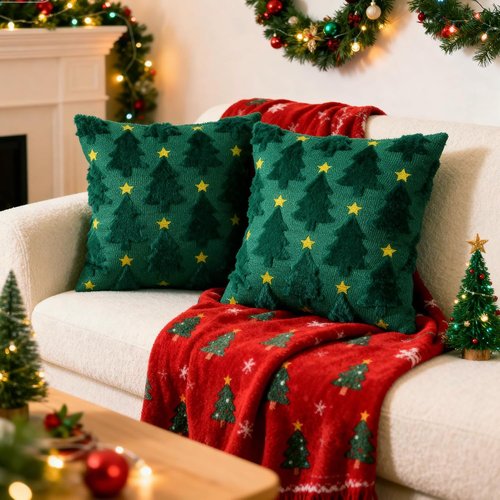 Hongsome Green Christmas Decor - Soft Plush Faux Fur Throw Pillow Covers | 18x18in Set of 2 for Holiday Home Decor