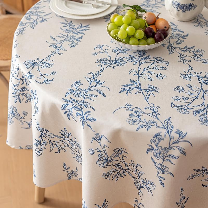 Round Tablecloth 70 Inch - Faux Linen Water-Resistant Floral Blue, 70" Diameter