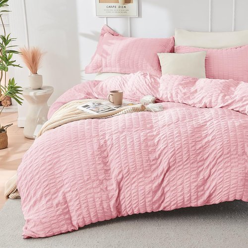 HYMOKEGE Twin Comforter Set - Luxury 5-Piece Bedding Set in Pink/Ivory | All-Season Seersucker Design