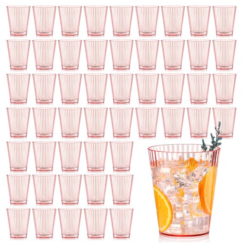 48 PCS Plastic Ribbed Drinking Glasses Pink 10oz Unbreakable Vintage Ripple Stemless Wine Glasses Cocktail Tumbler Glass Cups Disposable Retro Glasses Drinkware for Valentine Baby Shower Wedding