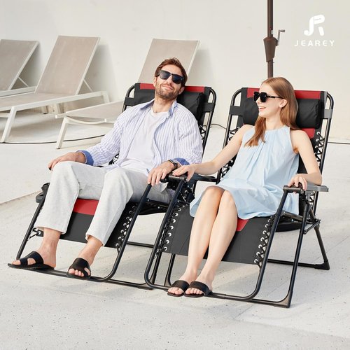 JEAREY Oversized Padded Zero Gravity Chair - Comfortable Folding Lounge Recliner with Headrest & Cup Holder | Black/Red