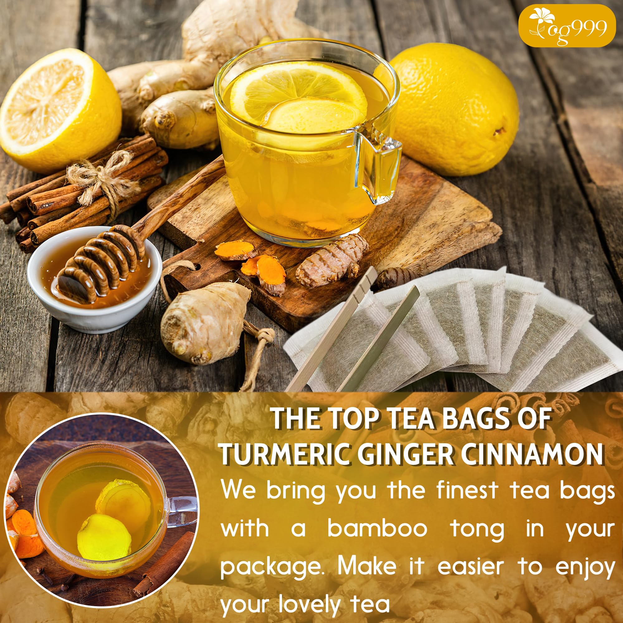 TOG999, 120 Bags Premium Turmeric Ginger Cinnamon Tea. Upgraded Version. Improve Digestion, Support Brain, Weight, Skin and Sleep. Eco-Conscious Tea Bags. No Sugar, No Caffeine, No Gluten, Vegan.
