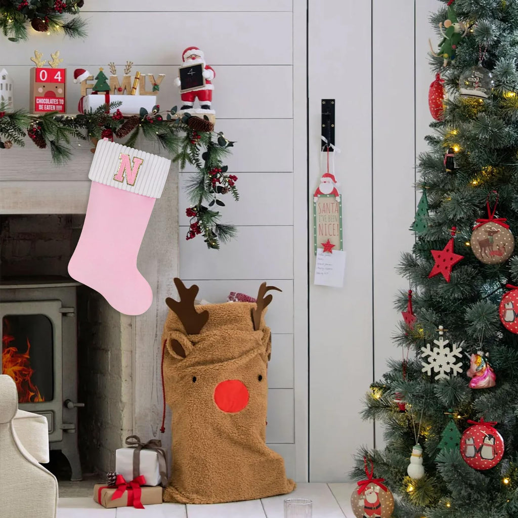 Shgngle 20 Inches Letter Embroidered Christmas Stocking,Personalized Pink Velvet Christmas Stocking,Family Holiday Decorations and Xmas Gift(M)