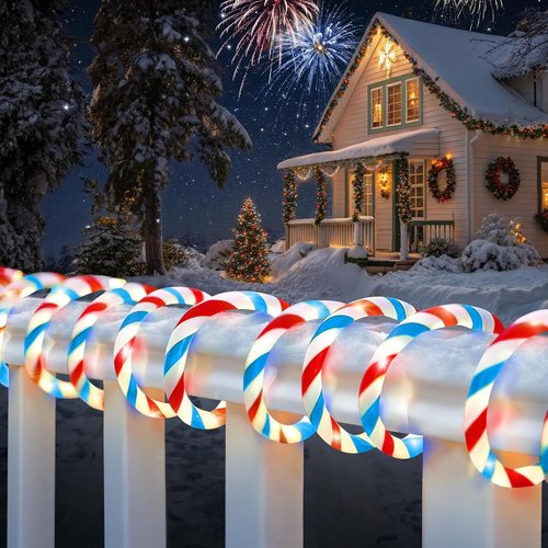 Jnaurb Candy Cane Lights - 66ft Waterproof LED Christmas Rope Lights | 480 Connectable Red, White & Blue