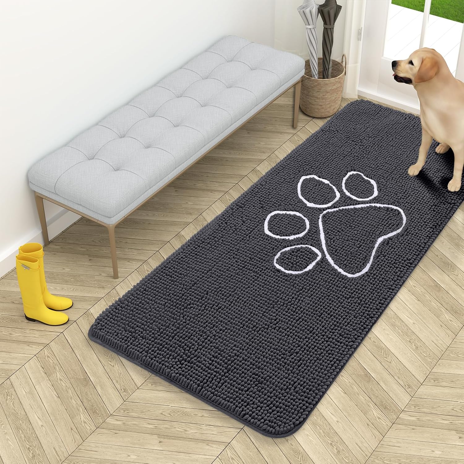 OLANLY Dog Door Mat - Absorbent Non-Slip Mud Mat for Muddy Paws | 54x24 Dark Grey Chenille Doormat