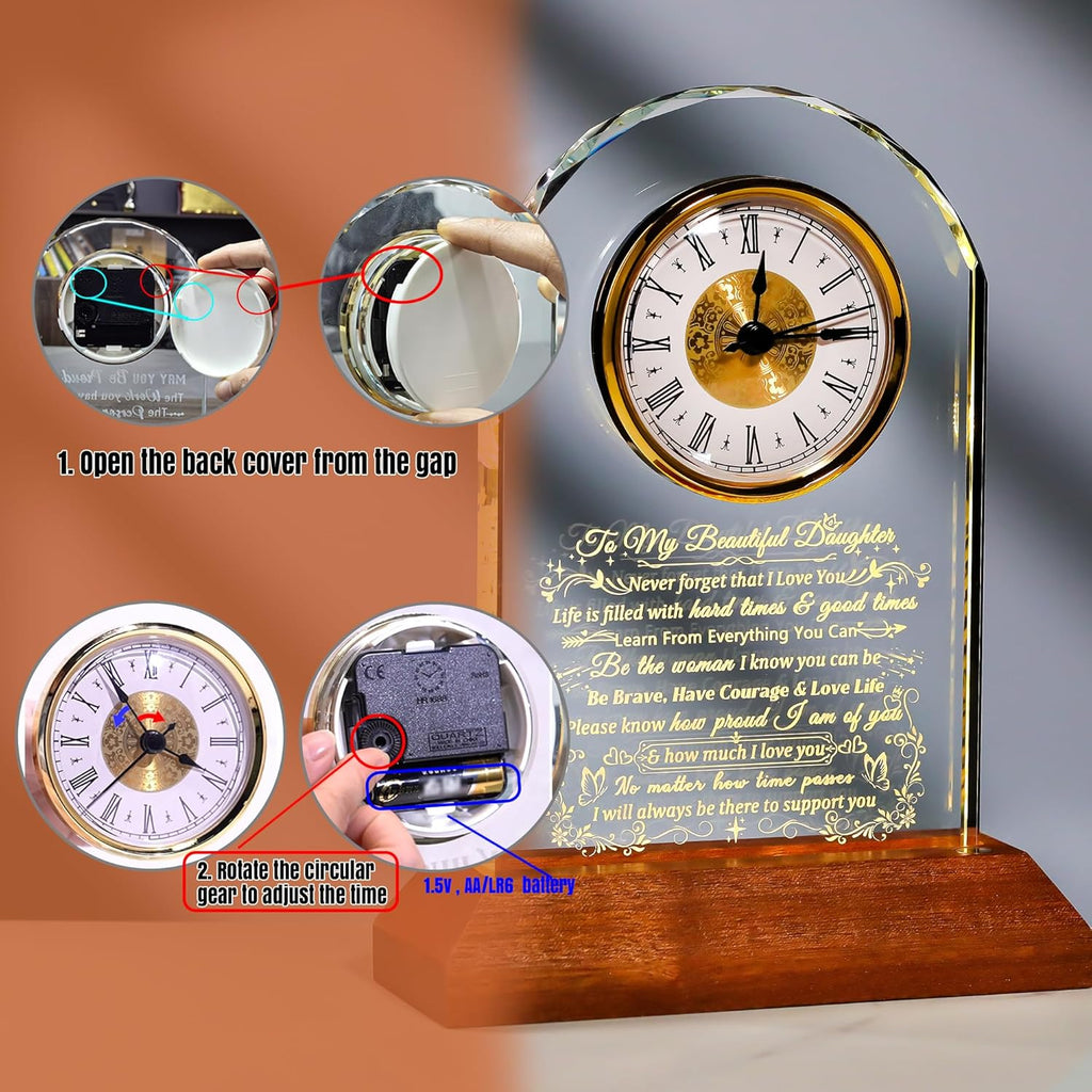 Ornalrist Glass Clock for Daughter - Heartfelt Gift from Mom & Dad with Wooden Base | Warm Light Design