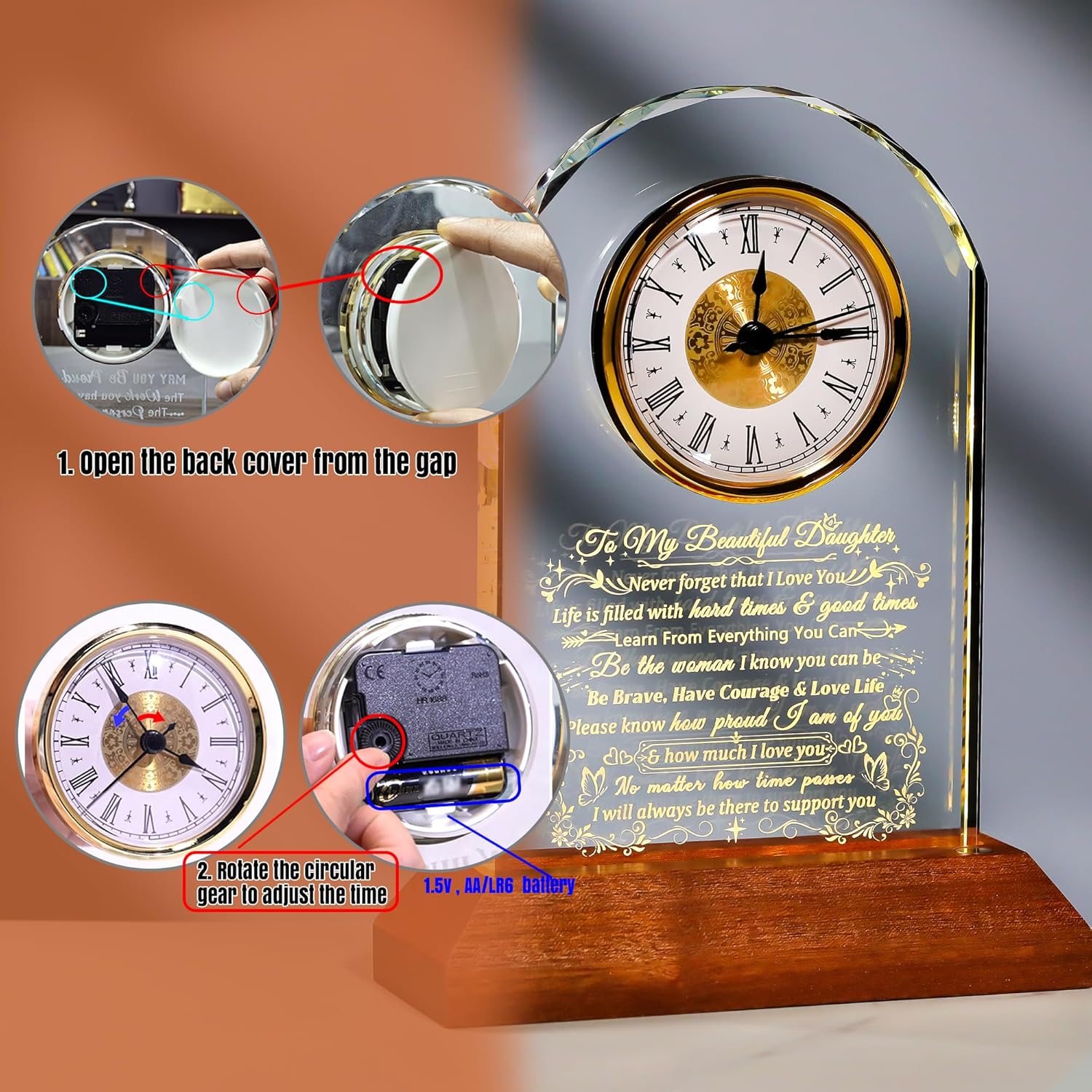 Ornalrist Glass Clock for Daughter - Heartfelt Gift from Mom & Dad with Wooden Base | Warm Light Design