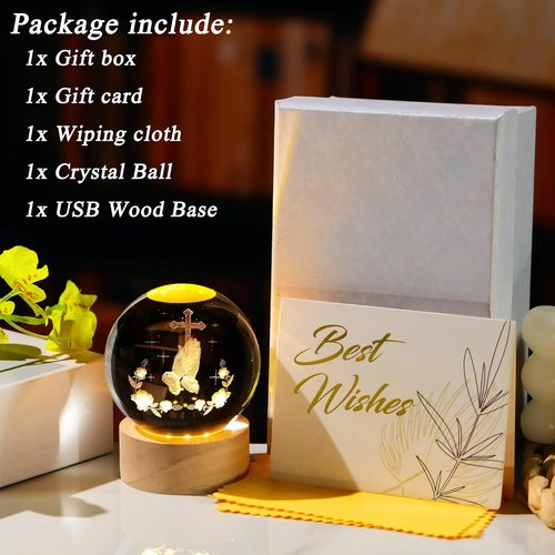 3D Crystal Crossing Hands Prayer Ball - LED Base Christian Night Light | 2.36-Inch Glass Cross Decor