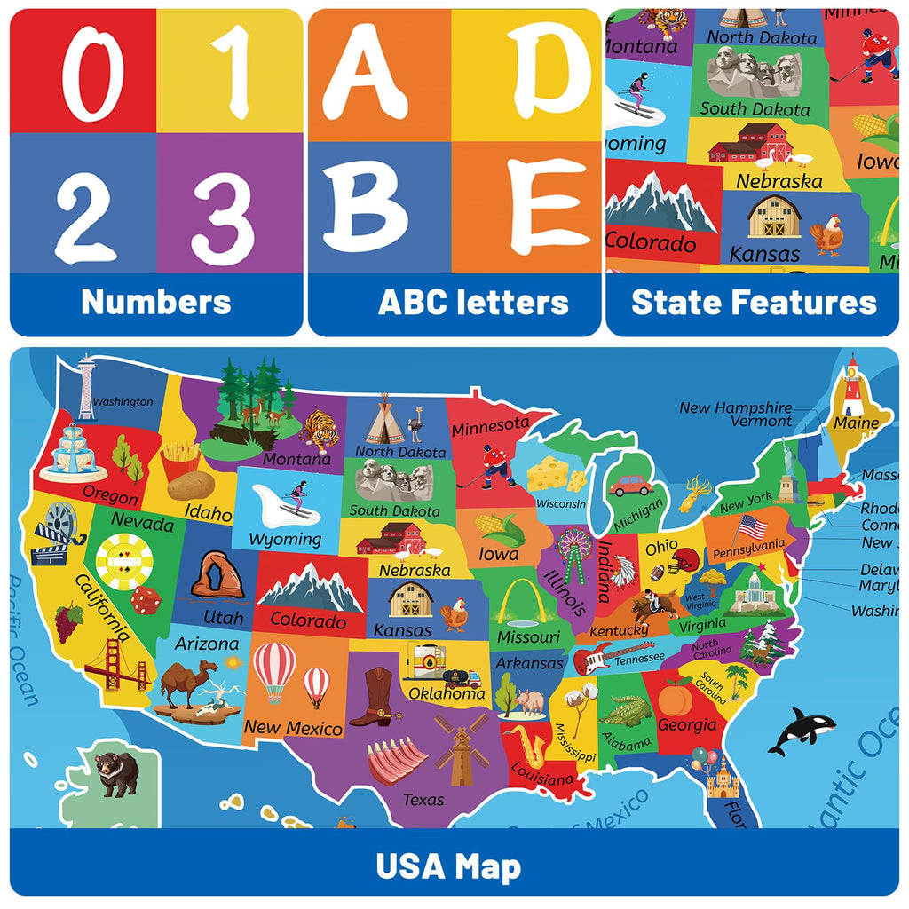 LTKOUGFAM USA Map ABC Kid Rug 39.4" × 63" for Playroom Geography Classroom Rug Educational Baby Playmat Alphabet Mat for Primary School Fluffy Ployester Non-Slip Preschool Carpet for Nursery Room