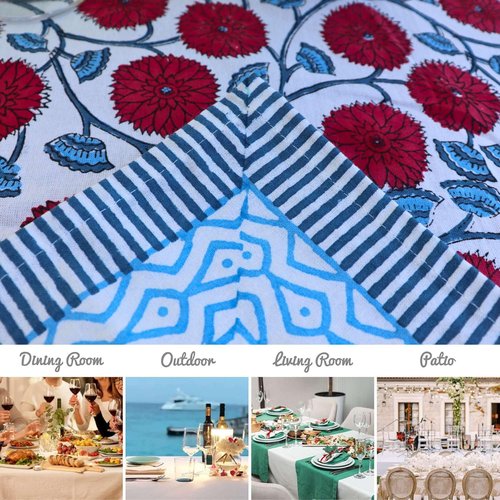 Handblock Print Cotton Tablecloth – 72x180 Rectangle Table Cover Seats 6–8 – Indian Block Printed Floral Dining Table Linen – Boho Washable Cloth for Kitchen, Party, Outdoor (White)