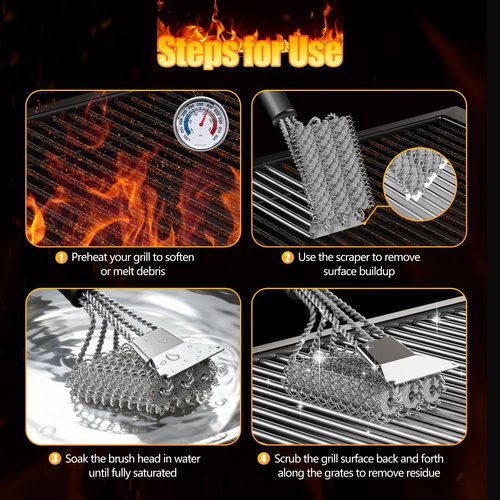 HOUSE AGAIN Grill Brush and Scraper Bristle Free, 304 Stainless Steel Brush Head Non Metal Bristles, Safe Steam Outdoor Grill Cleaning BBQ Grill Accessories for Smoker/Porcelain/Weber Gas/Charcoal