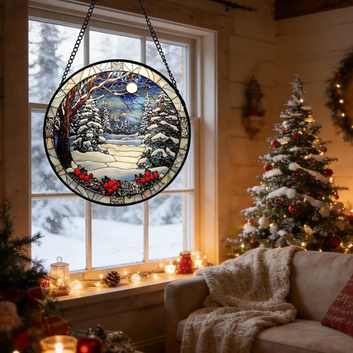 DASTOLL Stained Glass Window Hanging - Winter Snow Night Scenery Suncatcher | 9.8" Home Decor Gift