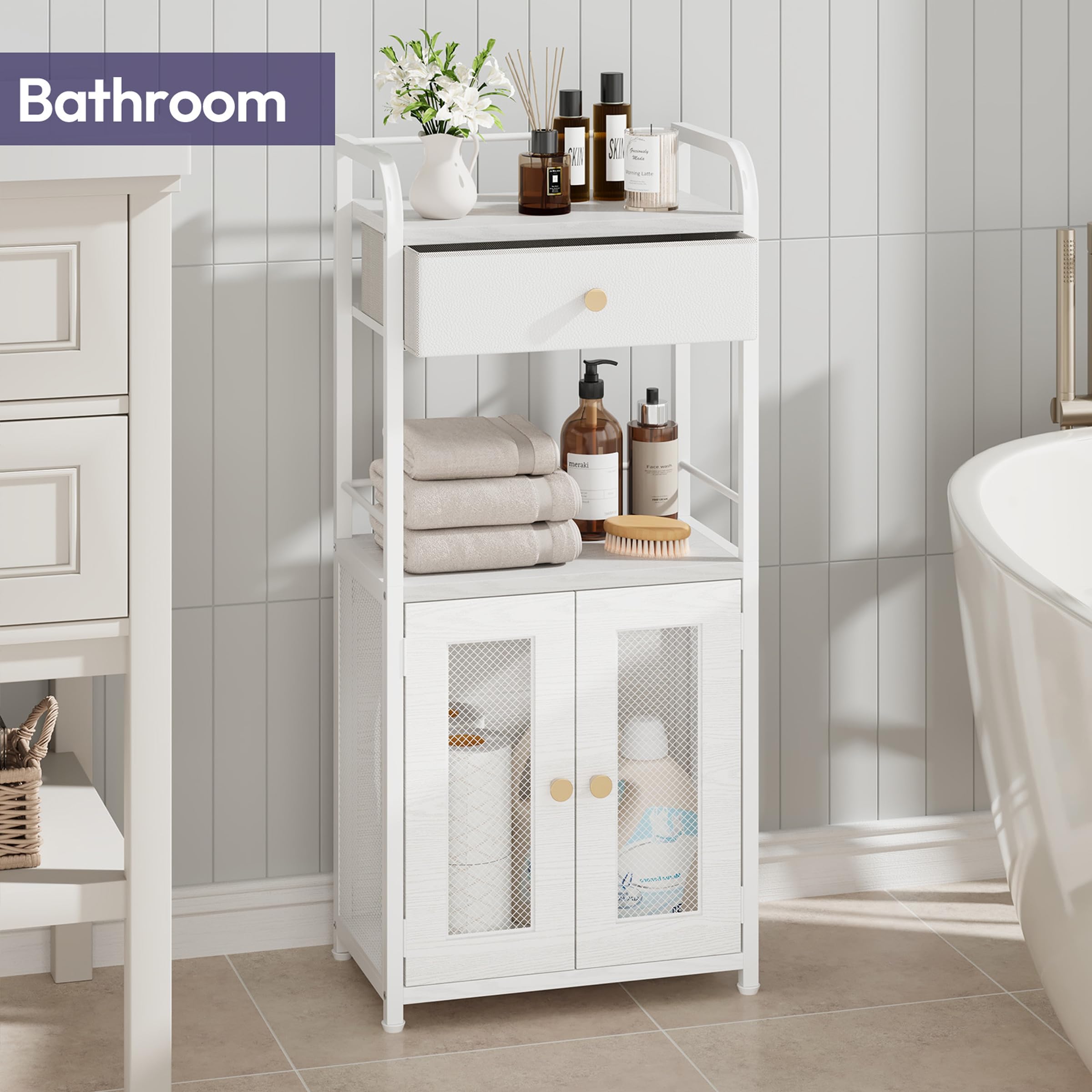 SWTYMIKI 14.57"x32.28" Bathroom Storage Cabinet – Freestanding Toilet Paper Storage with Doors & Drawer, Bathroom Organizers and Storage for Small Spaces, Laundry Room, Ideal for Towels, White
