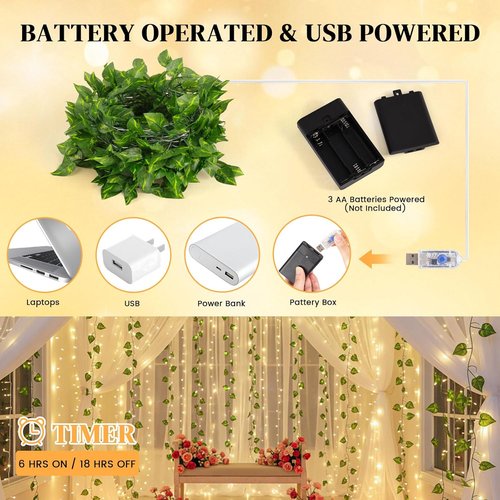 DomeStar LED Fairy Lights Vines - 300 Lights with Remote for Bedroom, Dorm, Wedding & Party Decor